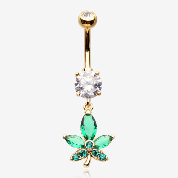 Golden Sparkle Cannabis Leaf Belly Button Ring-Clear Gem/Green