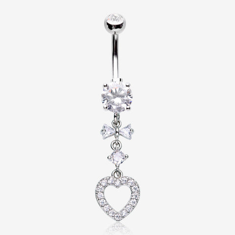 Grand Heart Bow-Tie Gem Sparkle Dangle Belly Button Ring-Clear Gem