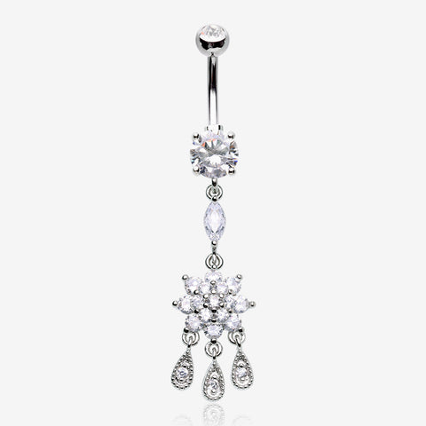 Mandala Flower Sparkle Teardrop Dangle Belly Button Ring-Clear Gem