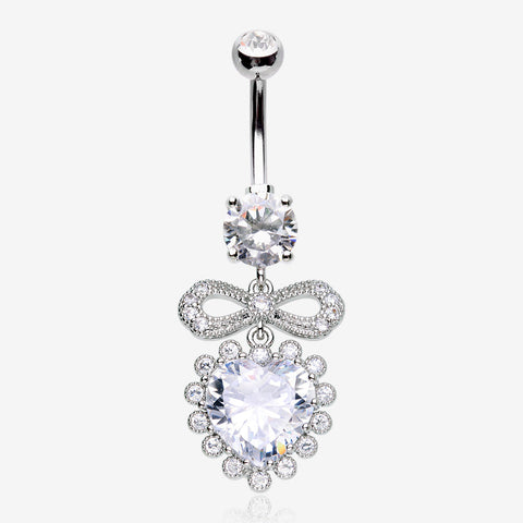 Bubbly Heart Sparkle Bow-Tie Dangle Belly Button Ring-Clear Gem