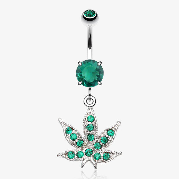 Marijuana Leaf Sparkle Belly Ring-Green