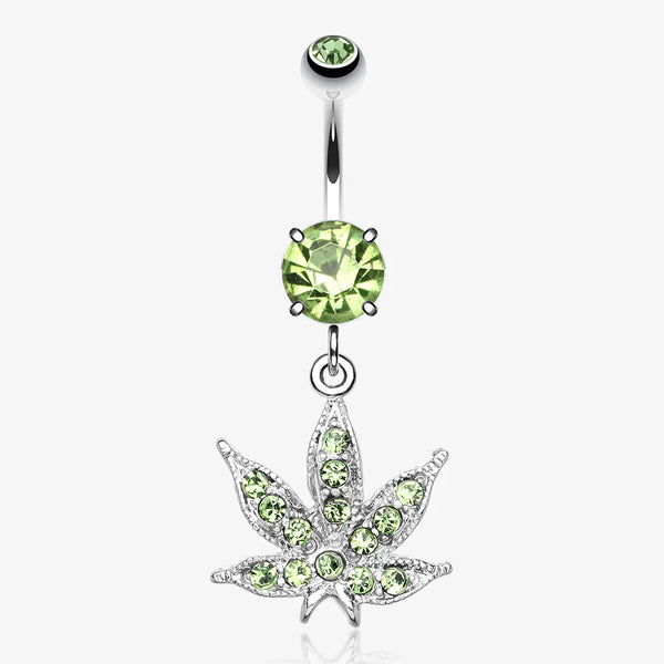 Marijuana Leaf Sparkle Belly Ring-Light Green