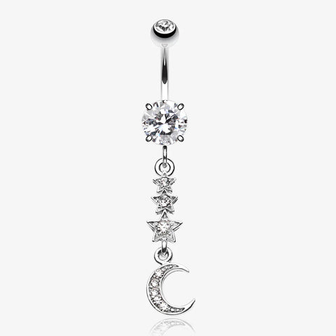 Beaming Stars and Moon Belly Button Ring-Clear Gem