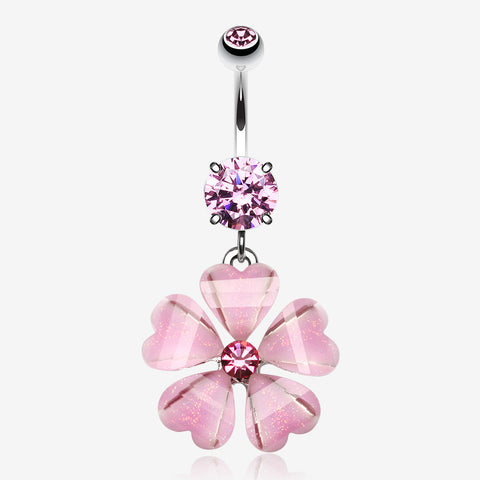 Shimmering Flower Heart Petal Sparkle Dangle Belly Ring-Pink