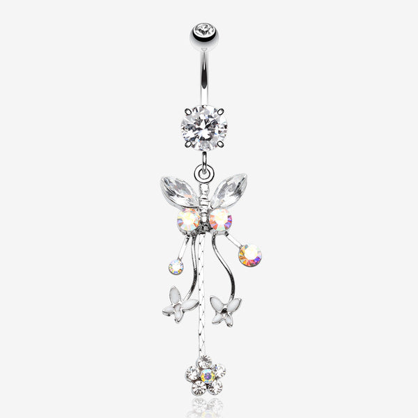 Butterfly Flower Garden Dangle Sparkle Belly Button Ring-Aurora Borealis/Clear Gem