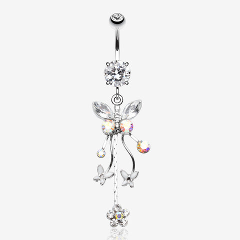 Butterfly Flower Garden Dangle Sparkle Belly Button Ring-Aurora Borealis/Clear Gem