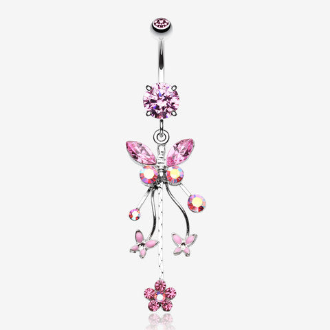 Butterfly Flower Garden Dangle Sparkle Belly Button Ring-Pink/Aurora Borealis