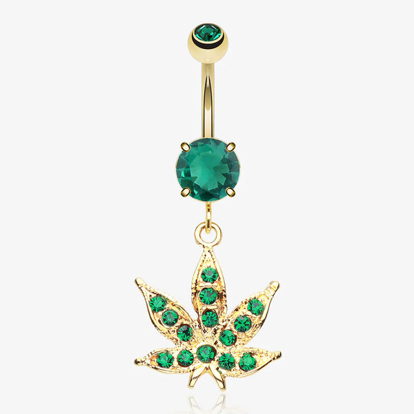 Golden Cannabis Leaf Sparkle Belly Ring-Green