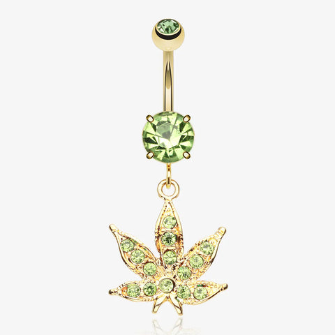 Golden Cannabis Leaf Sparkle Belly Ring-Light Green