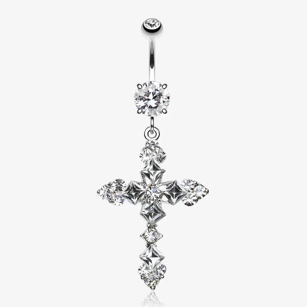 Princess Cut Cross Sparkle Belly Ring-Clear Gem