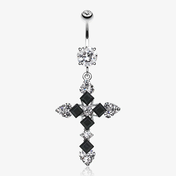 Princess Cut Cross Sparkle Belly Ring-Black/Clear Gem