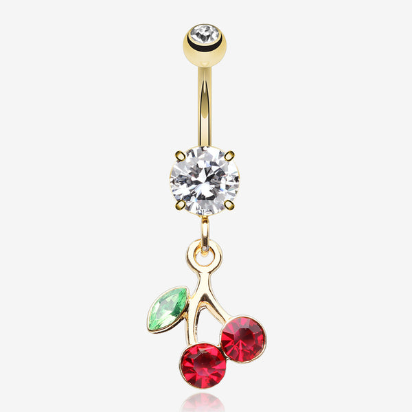 Golden Lucky Cherry Sparkle Belly Button Ring-Clear Gem/Red