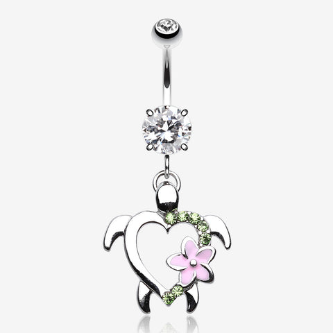 Hawaiian Flower Turtle Sparkle Belly Button Ring-Light Green/Clear Gem