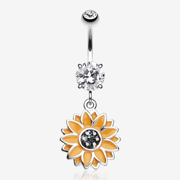 Beach Sunflower Sparkle Belly Button Ring-Clear Gem/Hematite