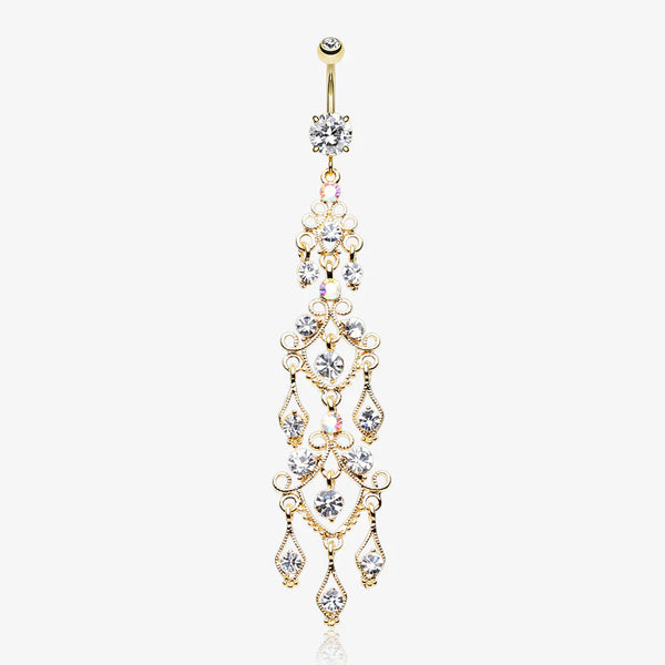 Golden Majestic Chandelier Belly Button Ring-Clear Gem