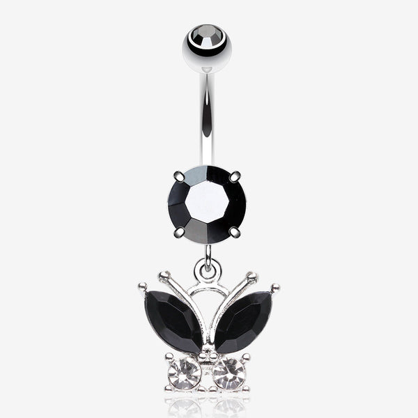 Midnight Butterfly Sparkle Dangle Belly Button Ring-Hematite