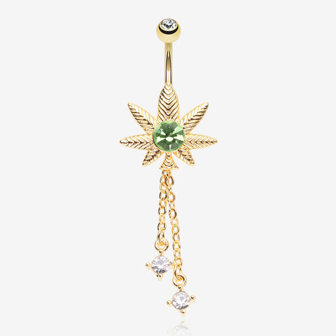 Golden Cannabis Pot Leaf Sparkle Chained Dangle Belly Button Ring-Clear Gem/Green