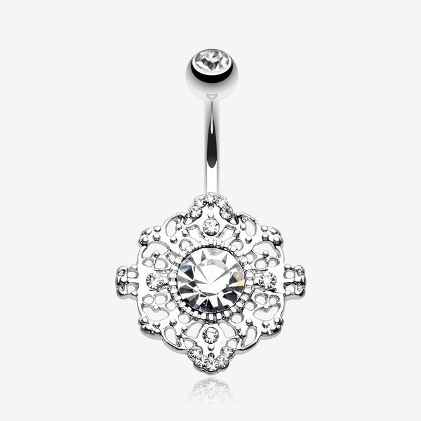 Filigree Mandala Sparkle Belly Button Ring-Clear Gem