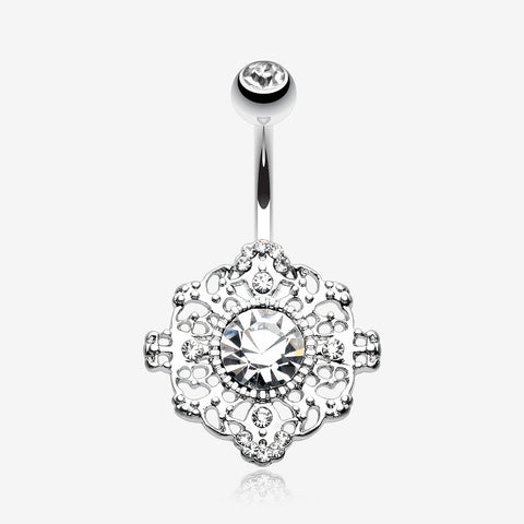 Filigree Mandala Sparkle Belly Button Ring-Clear Gem