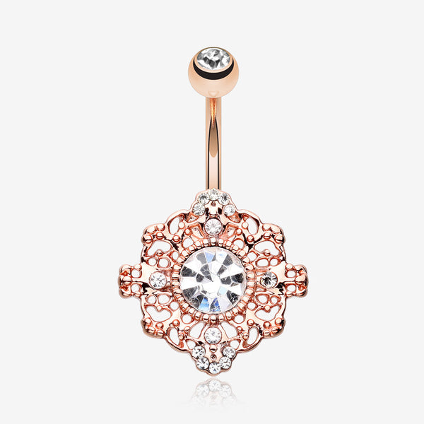 Rose Gold Filigree Mandala Sparkle Belly Button Ring-Clear Gem