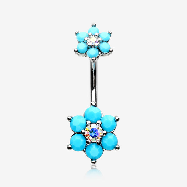 Turquoise Flower Sparkle Prong Set Belly Button Ring-Aurora Borealis/Turquoise