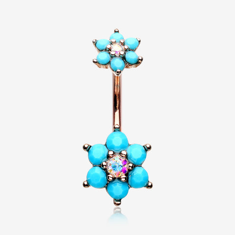 Rose Gold Turquoise Flower Sparkle Prong Set Belly Button Ring-Aurora Borealis/Turquoise