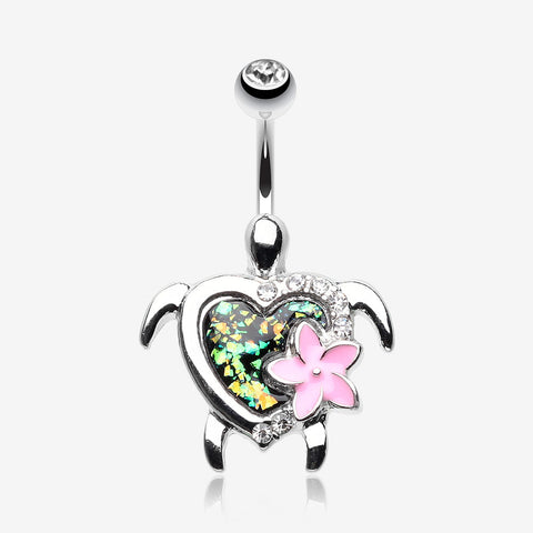 Hawaiian Flower Turtle Opal Sparkle Belly Button Ring-Clear Gem/Black