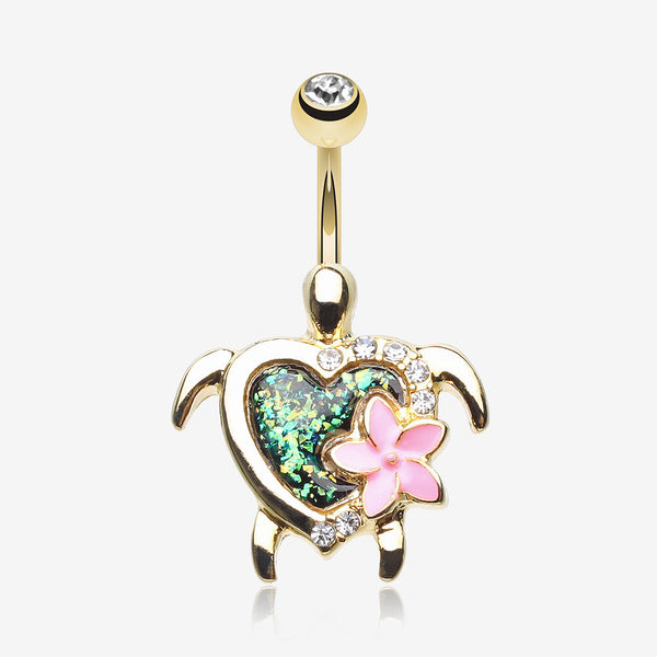 Golden Hawaiian Flower Turtle Opal Sparkle Belly Button Ring-Clear Gem/Black