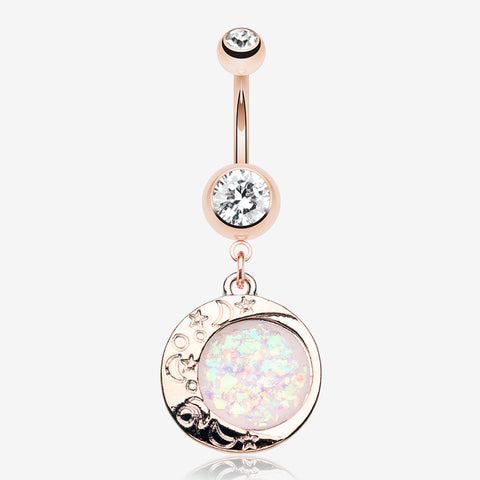 Rose Gold Opal Eclipse Moonshine Belly Button Ring-Clear Gem/White