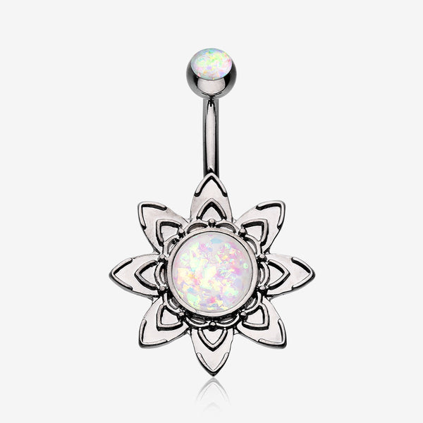 Hematite Starburst Opal Sparkle Flower Belly Button Ring-White