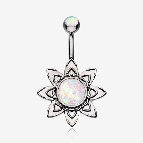 Hematite Starburst Opal Sparkle Flower Belly Button Ring-White