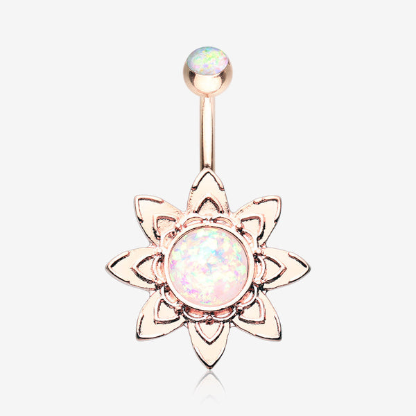 Rose Gold Starburst Opal Sparkle Flower Belly Button Ring-White