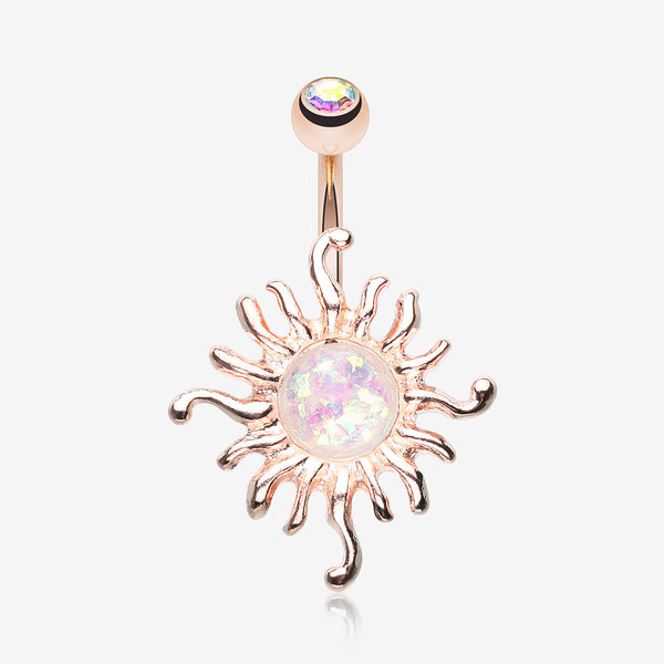 Rose Gold Blazing Opal Sun Belly Button Ring-Aurora Borealis/White