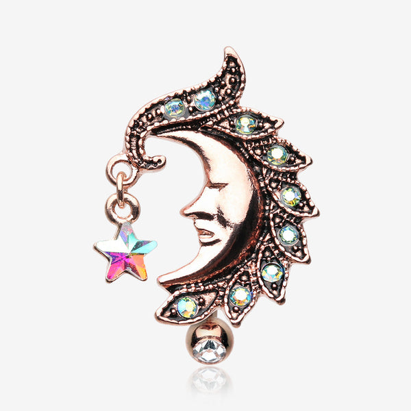 Rose Gold Sparkle Star Crescent Moon Reverse Belly Button Ring-Aqua/Aurora Borealis