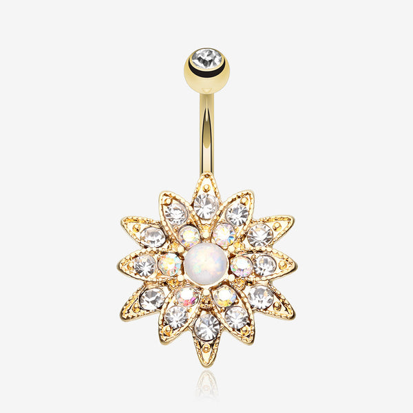 Golden Opal Chrysanthemum Flower Belly Button Ring-Clear/Aurora Borealis