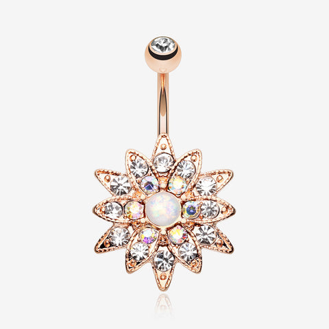 Rose Gold Opal Chrysanthemum Flower Belly Button Ring-Clear/Aurora Borealis