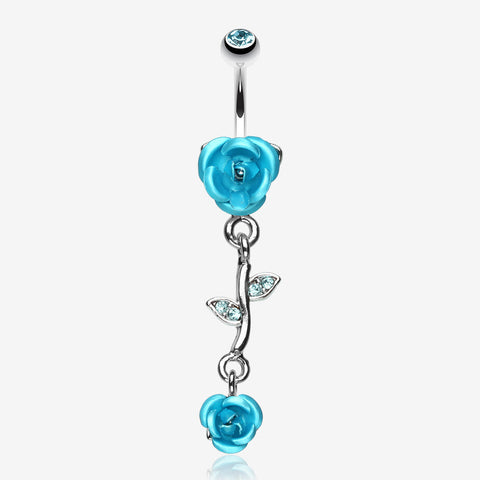 Bright Metal Rose Vine Dangle Belly Ring-Aqua