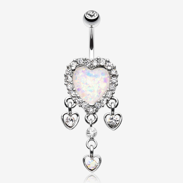 Brilliant Opal Sparkle Heart Dangle Belly Button Ring-Clear Gem/White