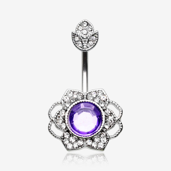 Antique Meadow Flower Belly Button Ring-Clear Gem/Purple