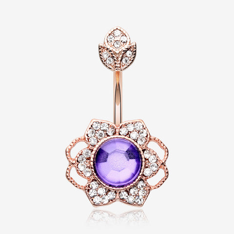 Rose Gold Antique Meadow Flower Belly Button Ring-Clear Gem/Purple