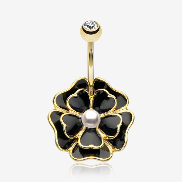 Golden Black Dahlia Flower Belly Button Ring-Clear Gem