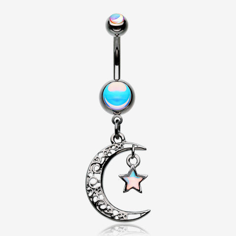 Hematite Crescent Filigree Moon Star Sparkle Belly Button Ring-Hematite