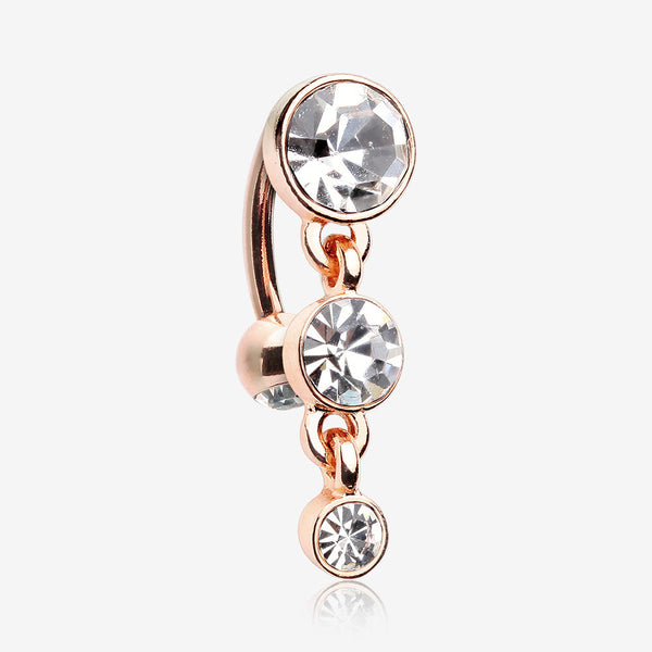 Rose Gold Brilliant Sparkle Triple Gem Reverse Belly Button Ring-Clear Gem