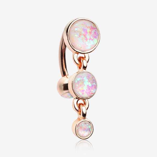 Rose Gold Opalescent Sparkle Triple Gem Reverse Belly Button Ring-White