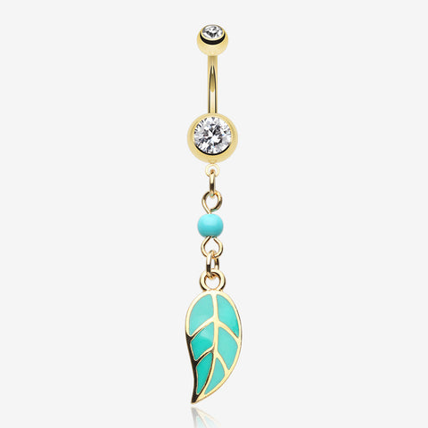 Golden Vibrant Charming Leaf Belly Button Ring-Clear Gem