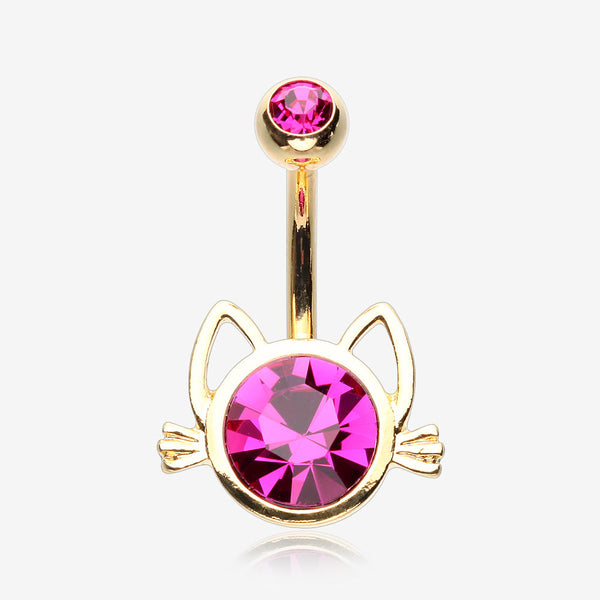 Golden Adorable Cat Face Sparkle Belly Button Ring-Fuchsia