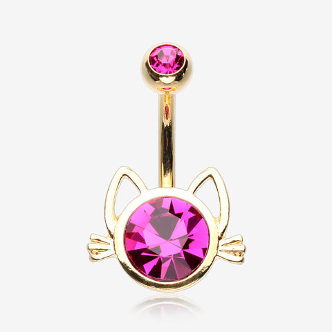 Golden Adorable Cat Face Sparkle Belly Button Ring-Fuchsia