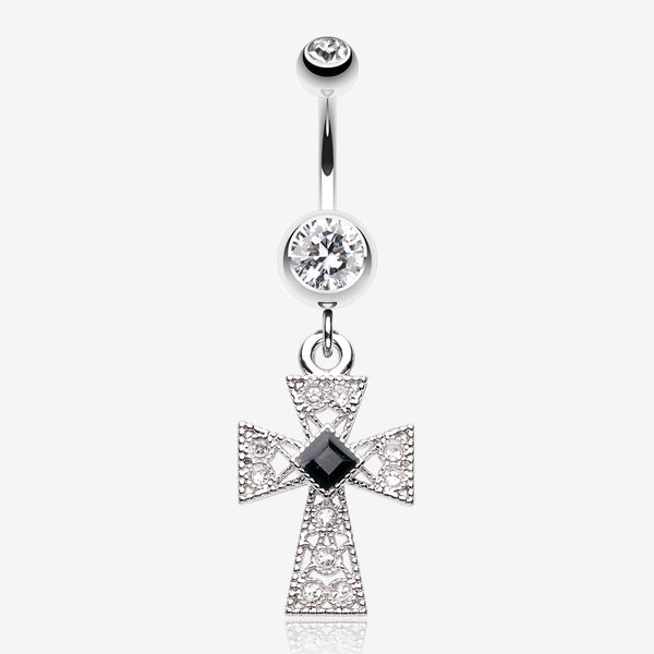 Iron Cross Diamante Sparkle Belly Button Ring-Clear Gem/Black