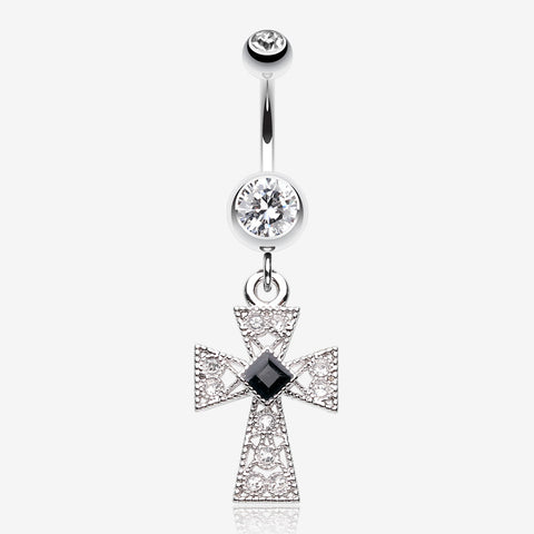 Iron Cross Diamante Sparkle Belly Button Ring-Clear Gem/Black