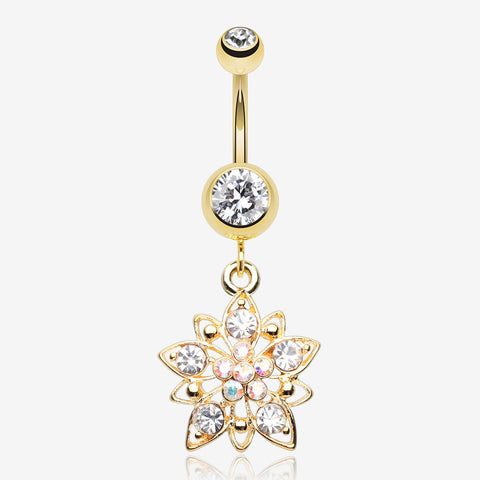 Golden Luscious Flower Sparkle Belly Button Ring-Clear Gem/Aurora Borealis